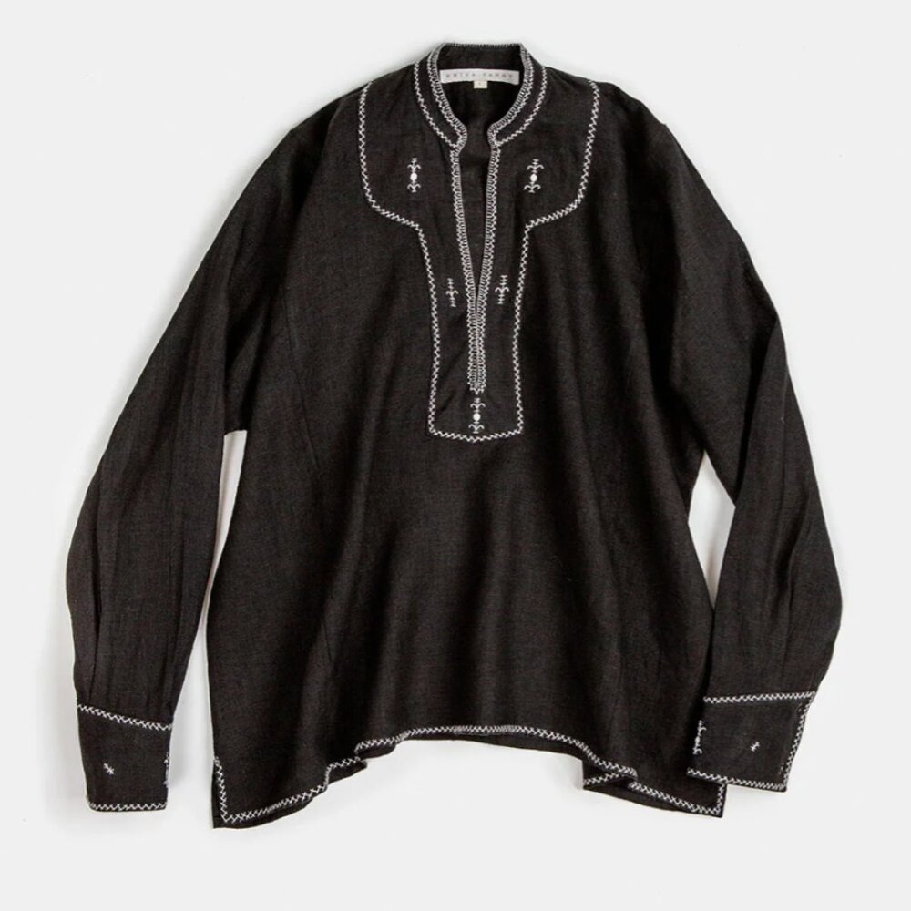Erica Tanov Aarika Linen Hand Embroidered Top in Black